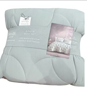 Bindi Blue 3 Piece Full/Queen Matcha Green Quilt Set 88”x88”